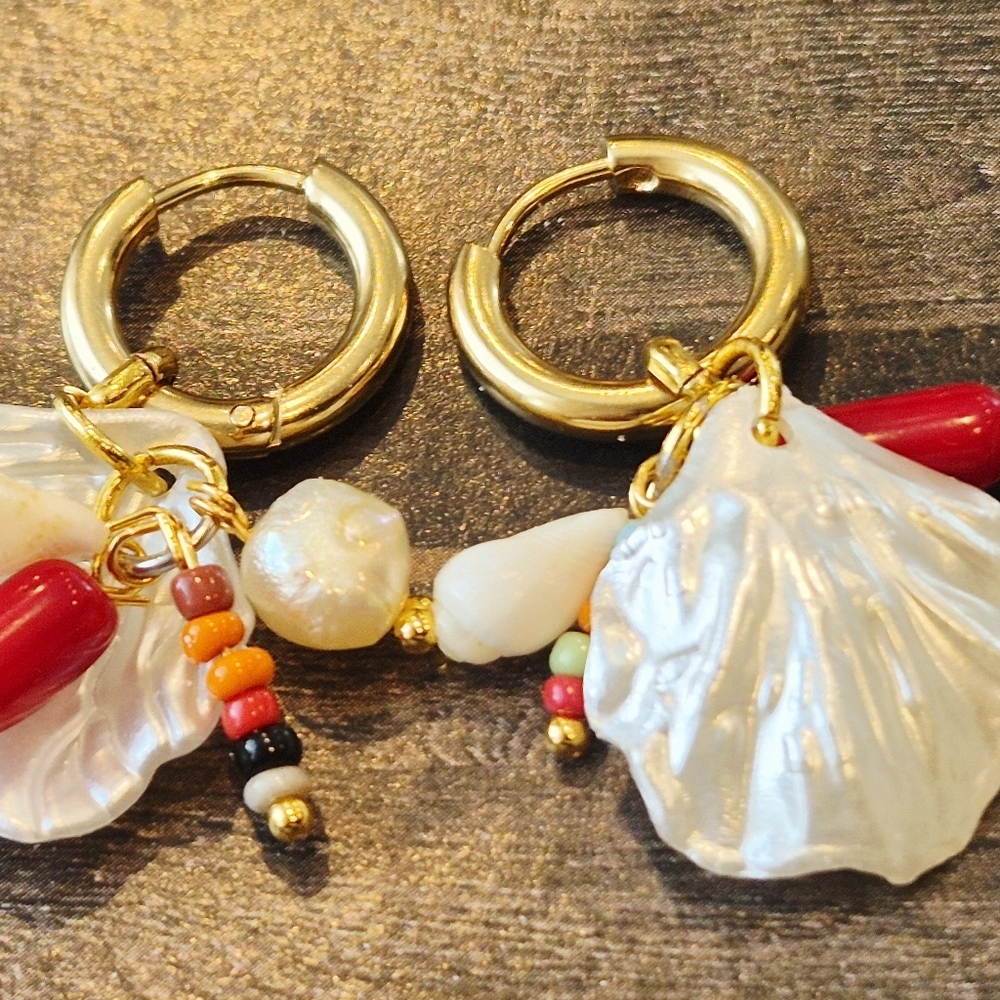 18k Gold Plated Stainless Earrings  Red Coral Freshwater Pearl Natual Shell - Picture 6 of 7